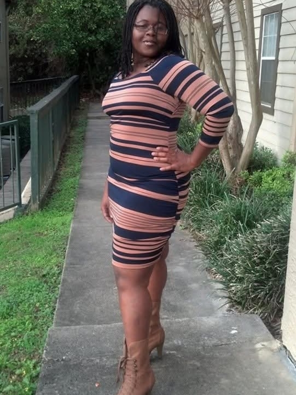 Striped Navy and Tan Bodycon Dress - Women's Fitted Dress